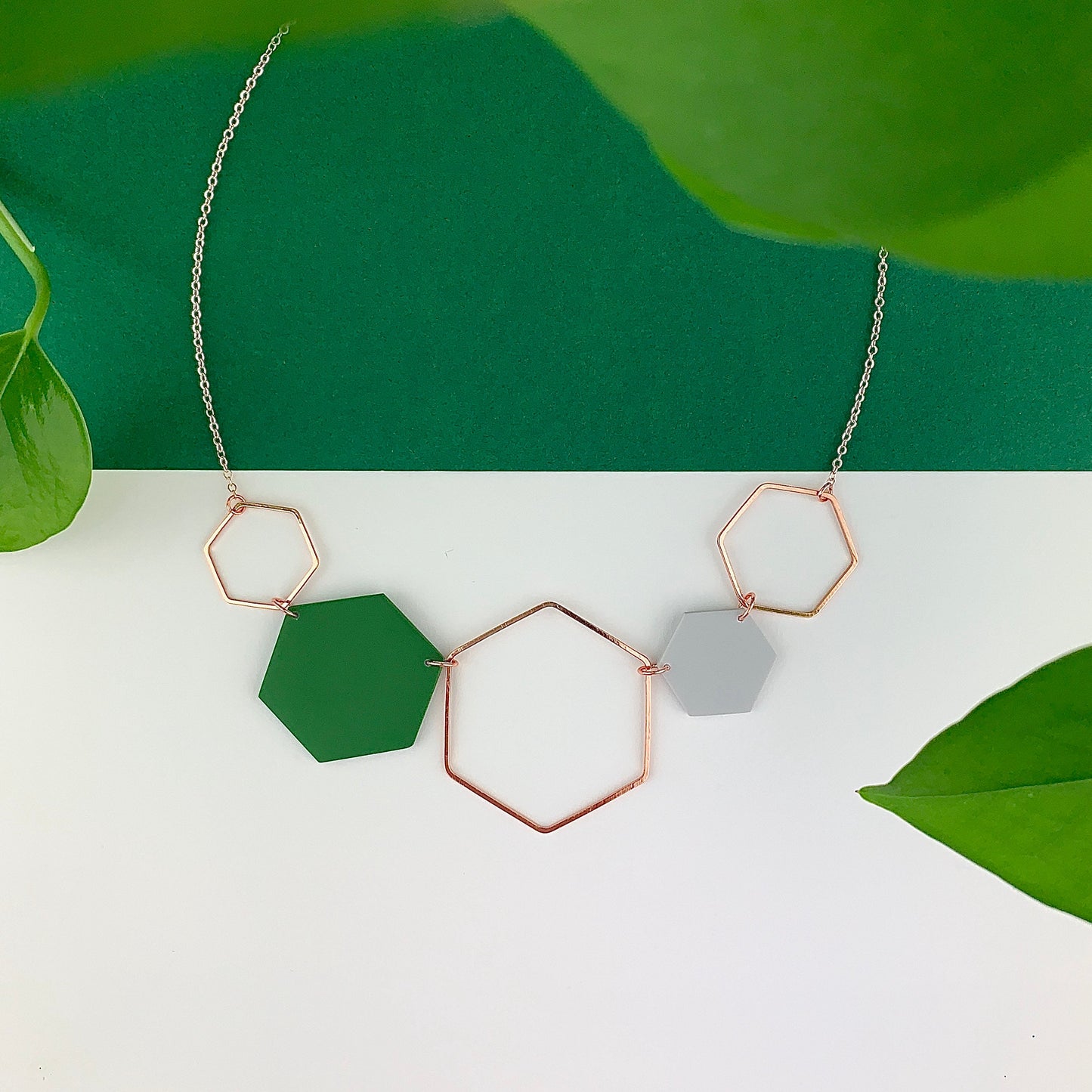 Rose Gold Hexagon Statement Necklace - Denim Blue & Blush