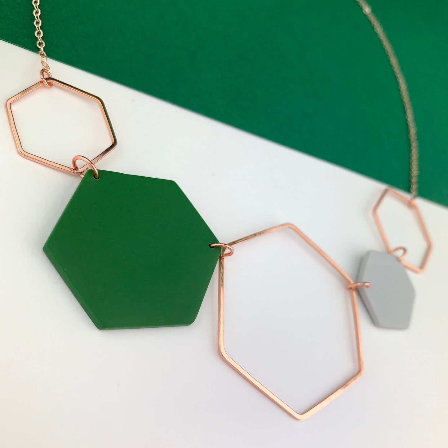 Rose Gold Hexagon Statement Necklace - Forest Green & Grey