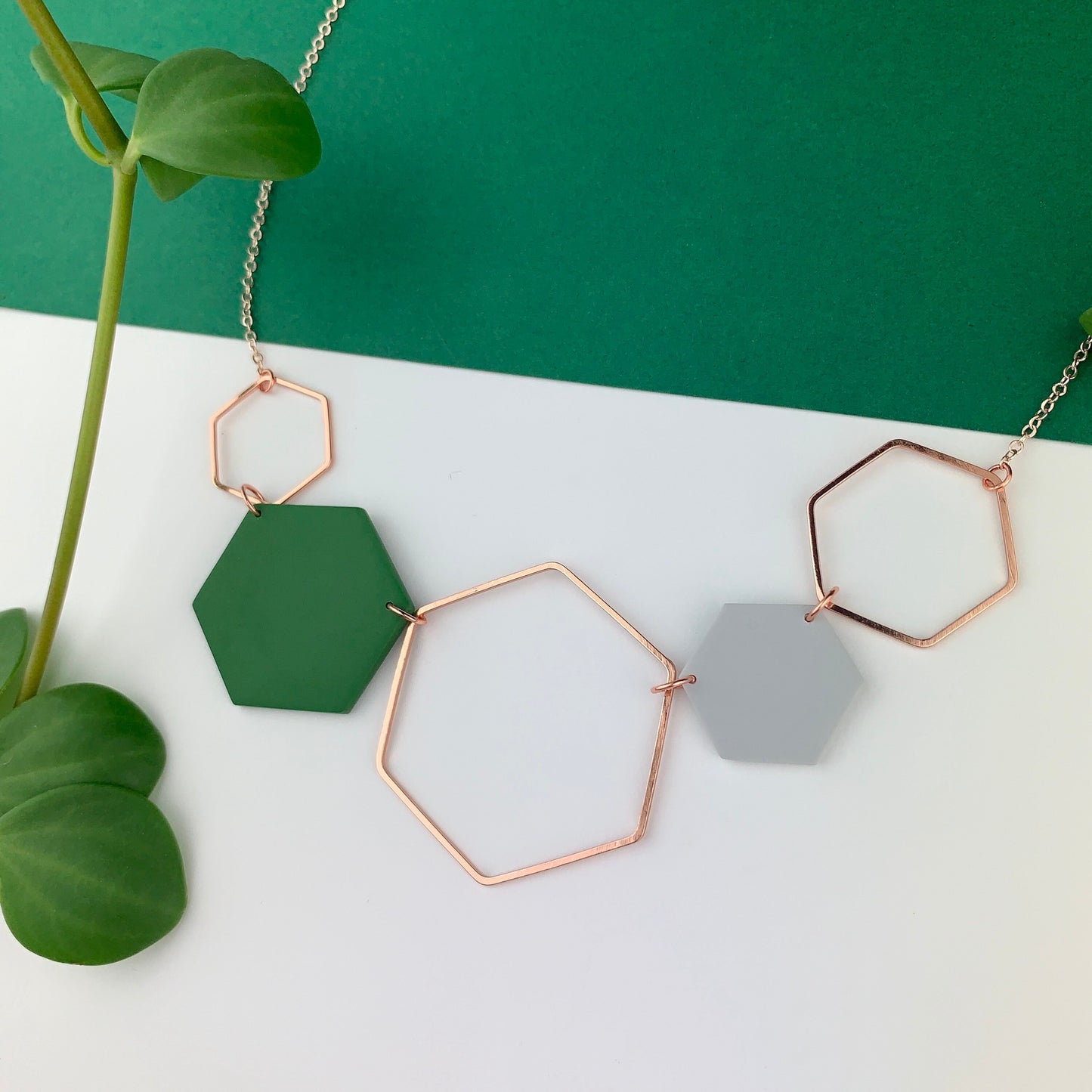 Rose Gold Hexagon Statement Necklace - Forest Green & Grey