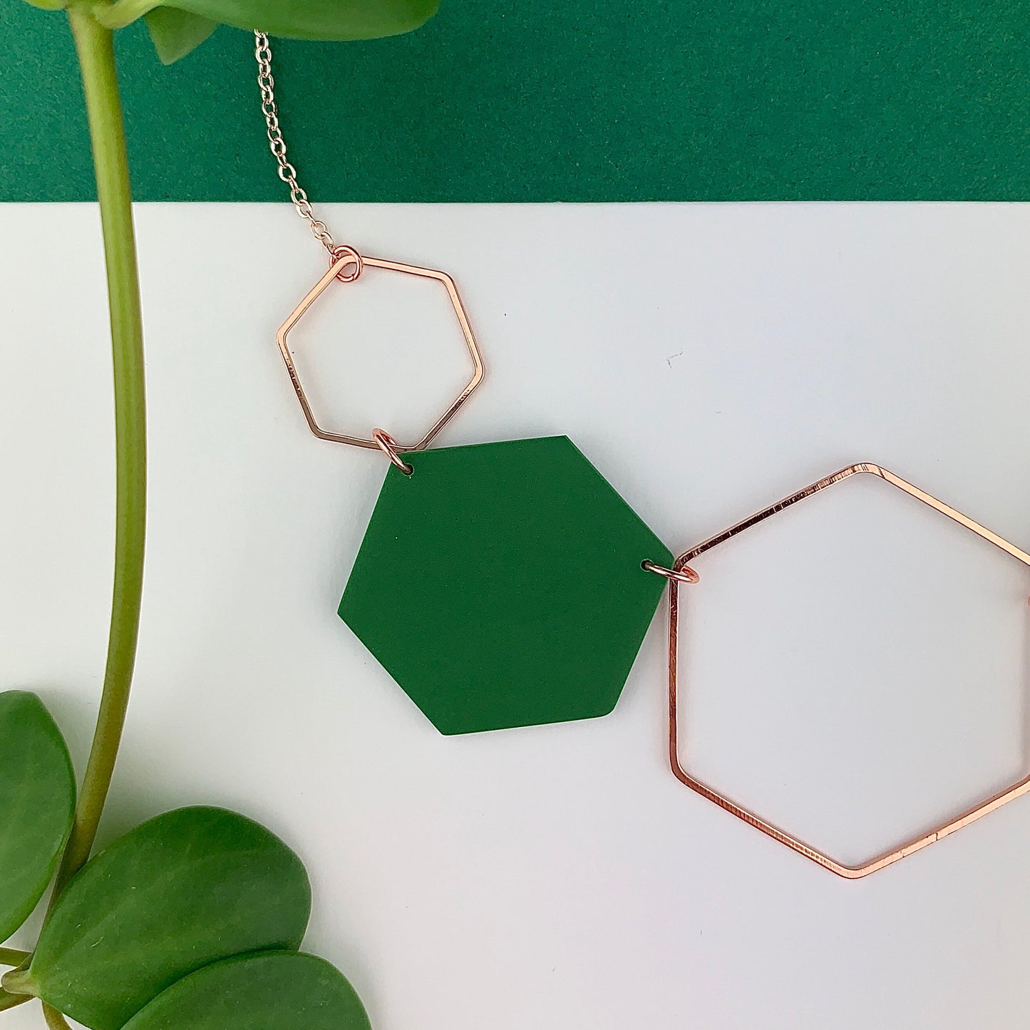 Rose Gold Hexagon Statement Necklace - Forest Green & Grey