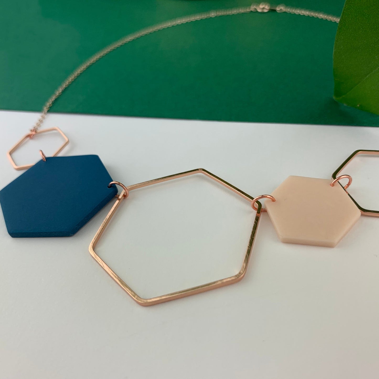 Rose Gold Hexagon Statement Necklace - Denim Blue & Blush