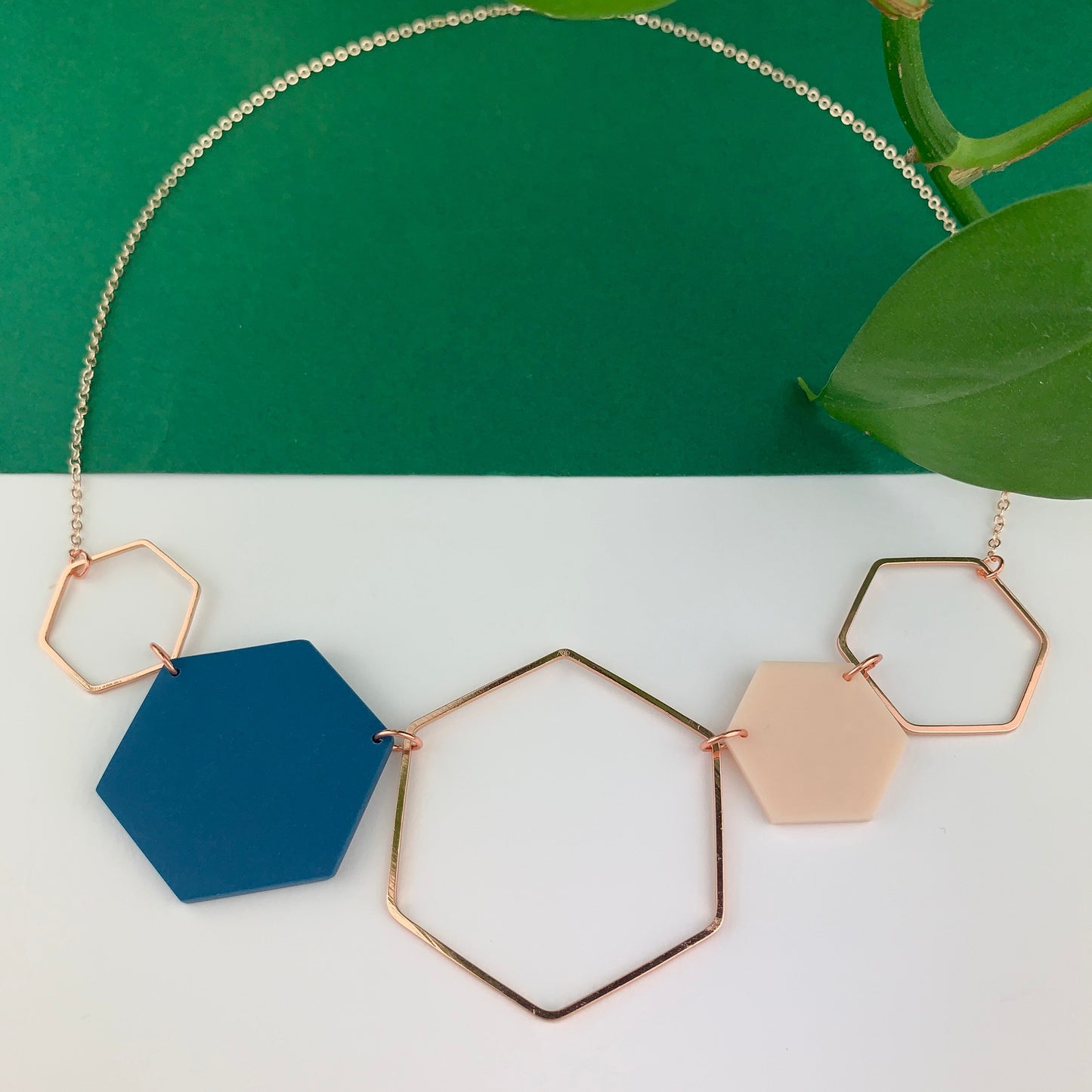 Rose Gold Hexagon Statement Necklace - Denim Blue & Blush