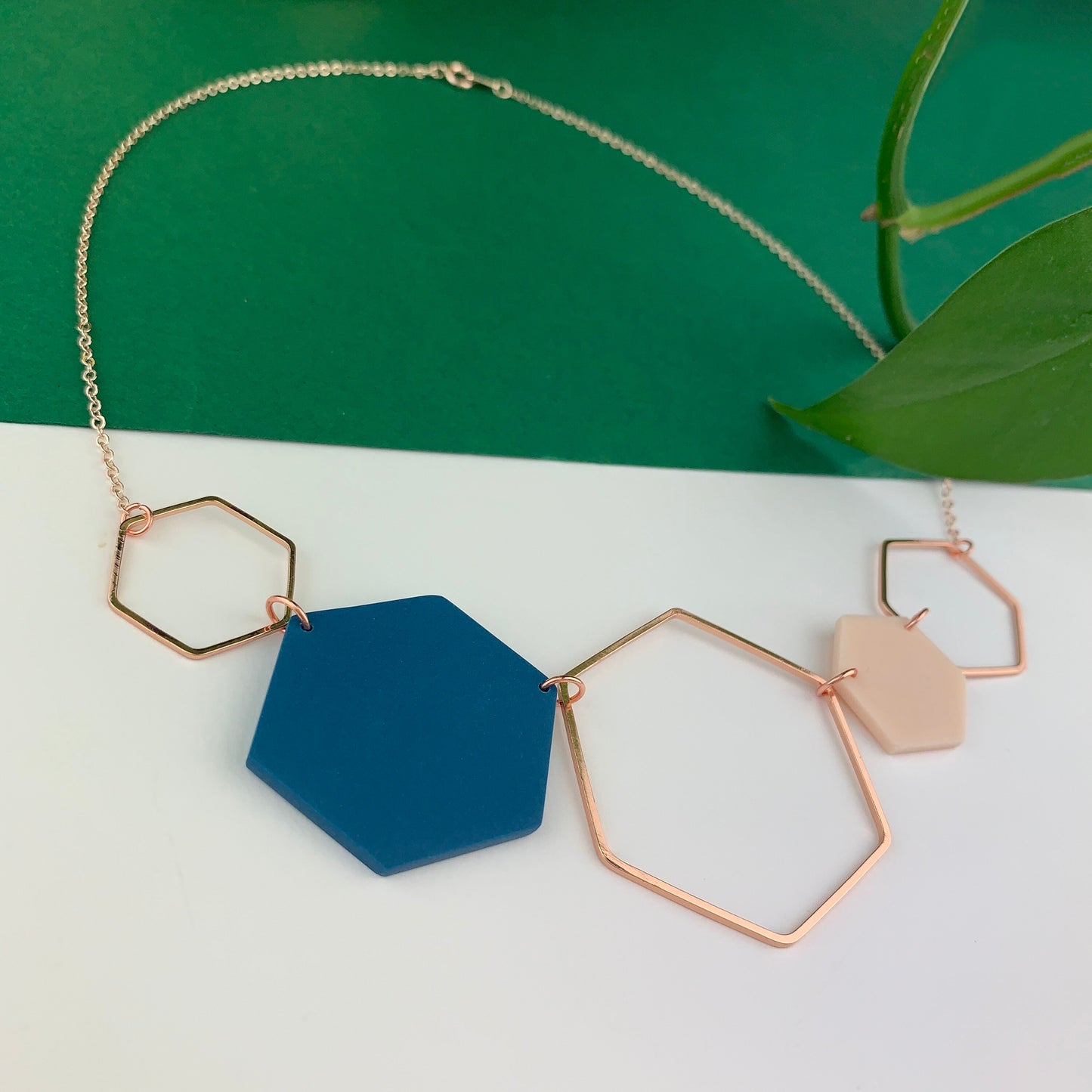 Rose Gold Hexagon Statement Necklace - Denim Blue & Blush