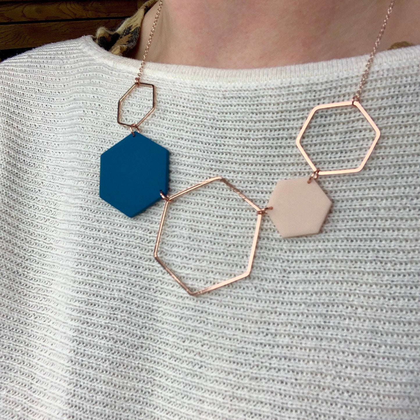 Rose Gold Hexagon Statement Necklace - Denim Blue & Blush