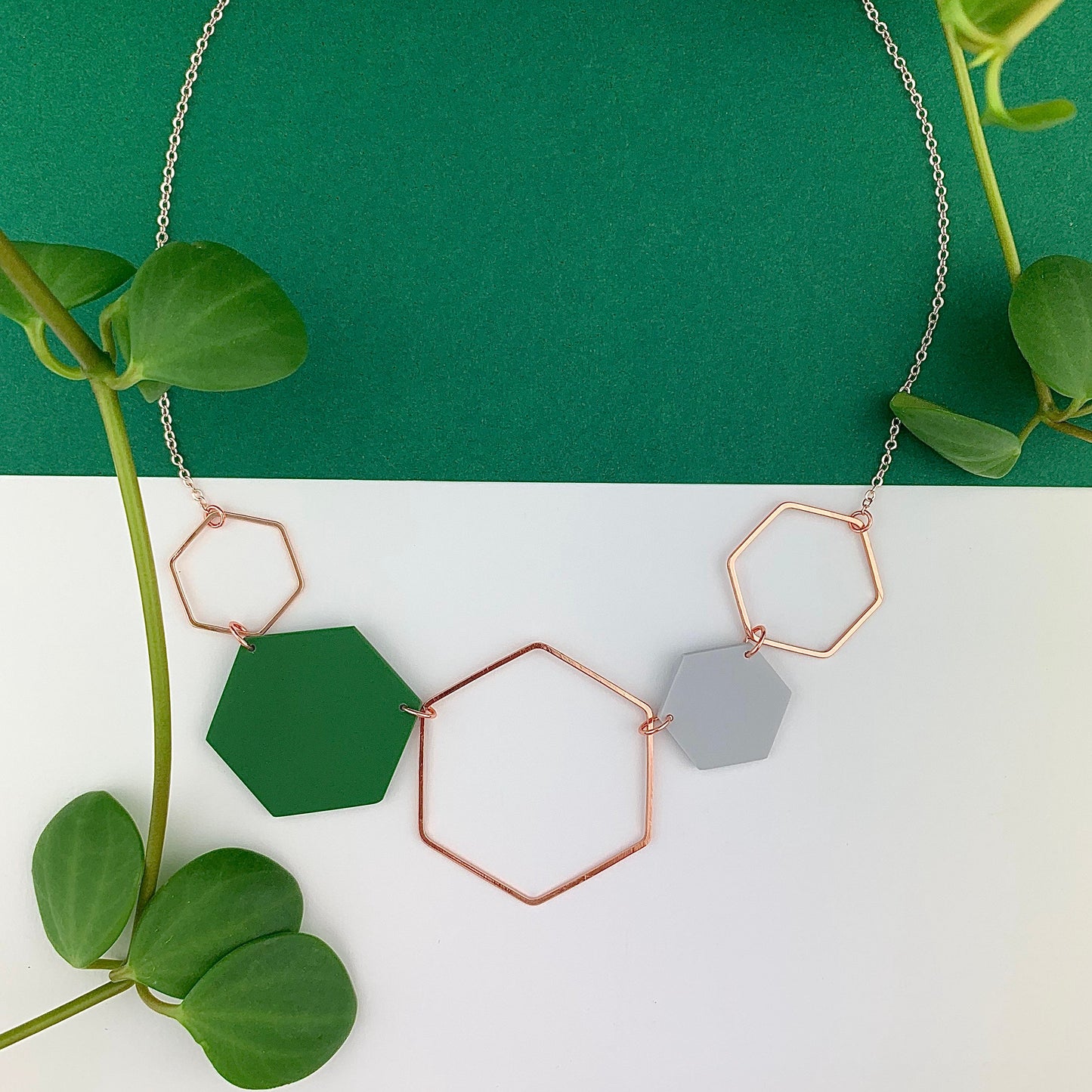 Rose Gold Hexagon Statement Necklace - Forest Green & Grey