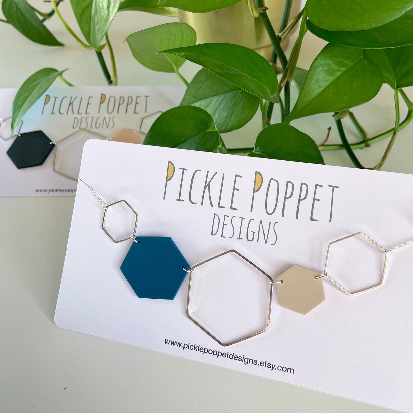 Silver Hexagon Statement Necklace - Denim Blue & Stone