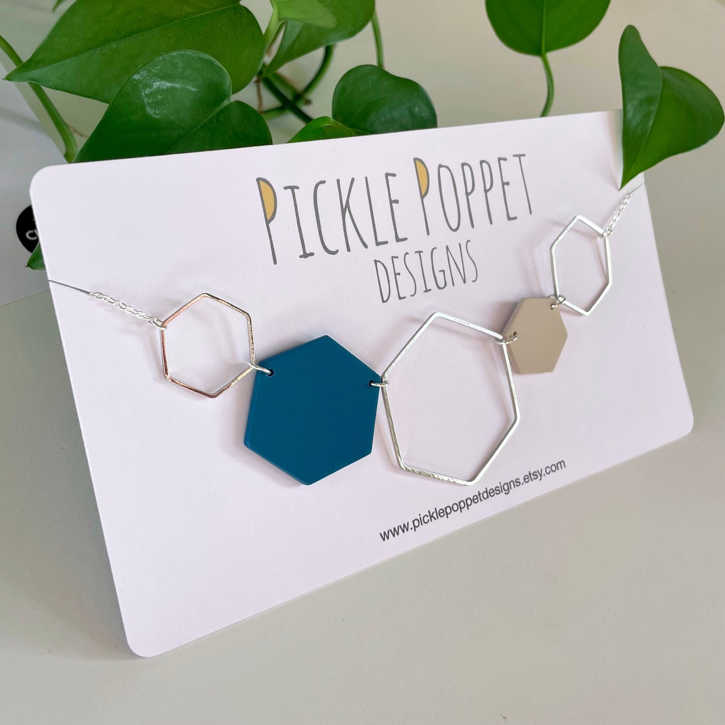 Silver Hexagon Statement Necklace - Denim Blue & Stone