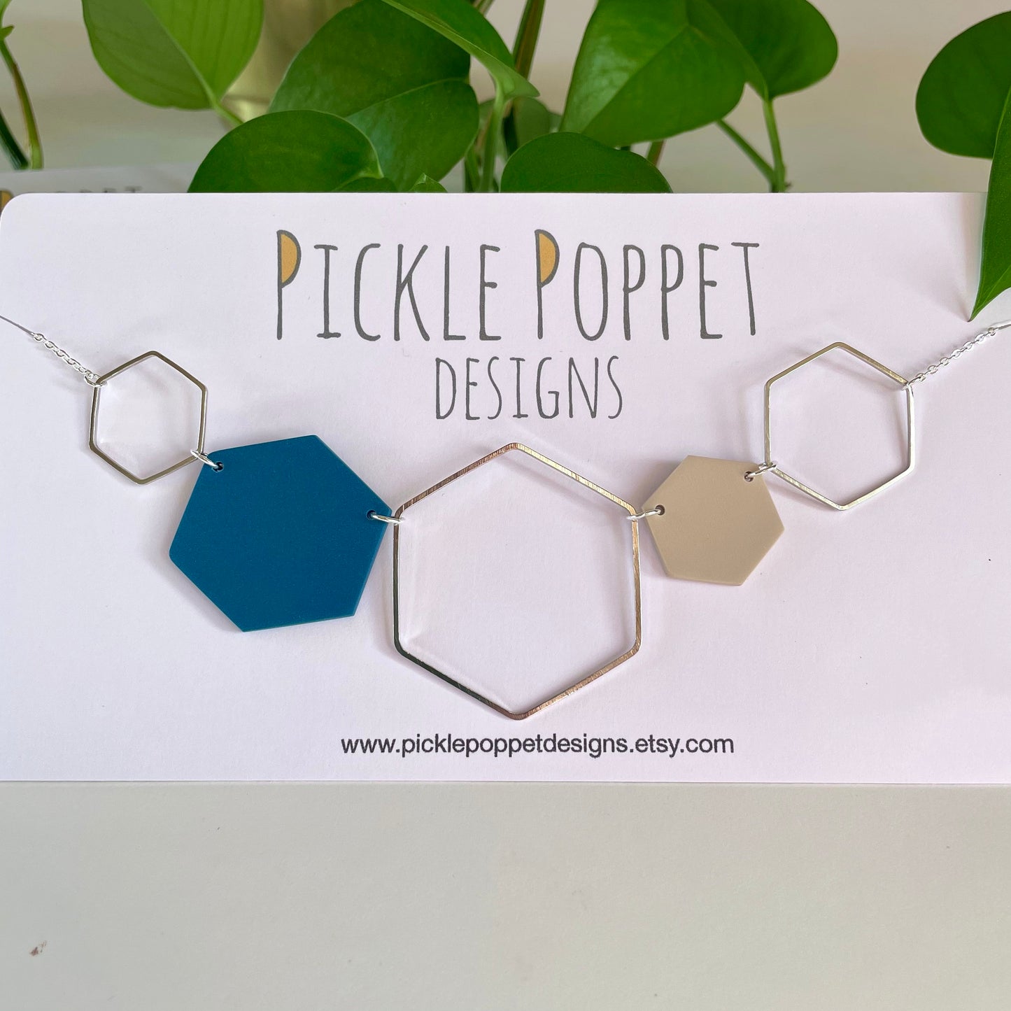 Silver Hexagon Statement Necklace - Denim Blue & Stone