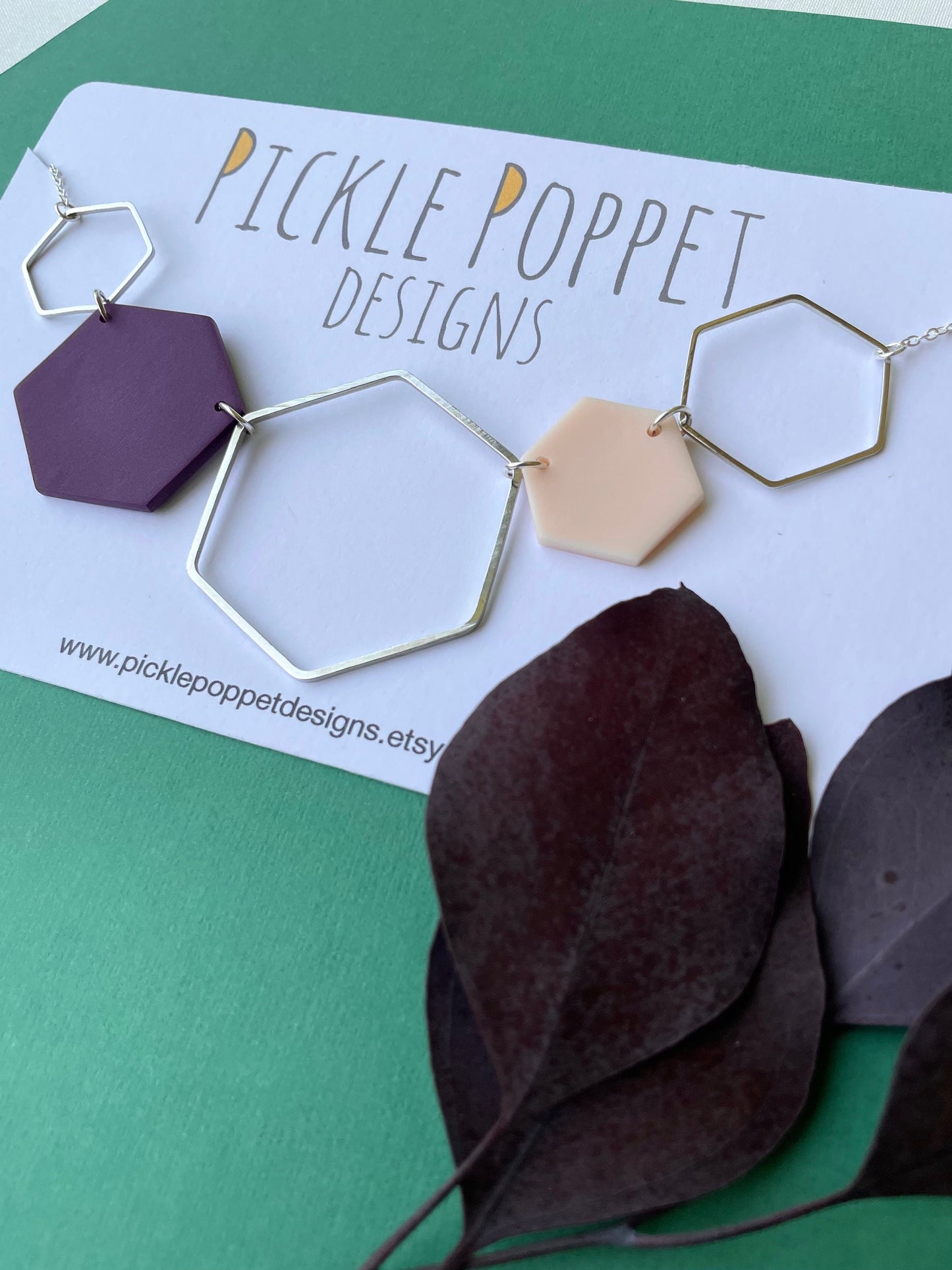 Silver Hexagon Statement Necklace - Purple & Blush Pink