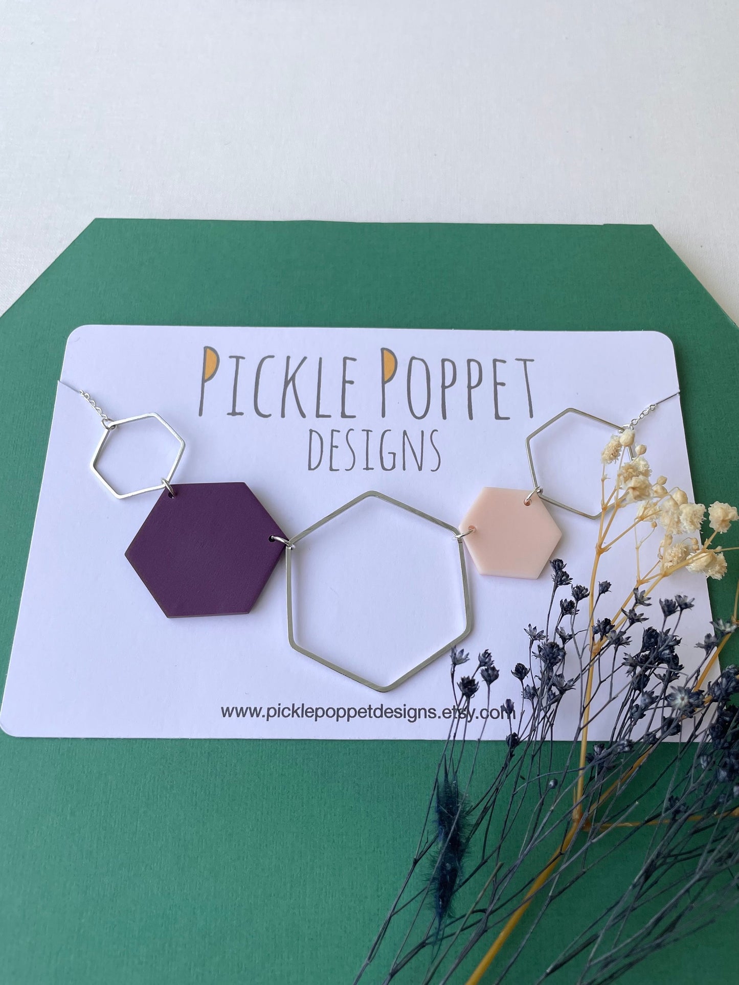 Silver Hexagon Statement Necklace - Purple & Blush Pink