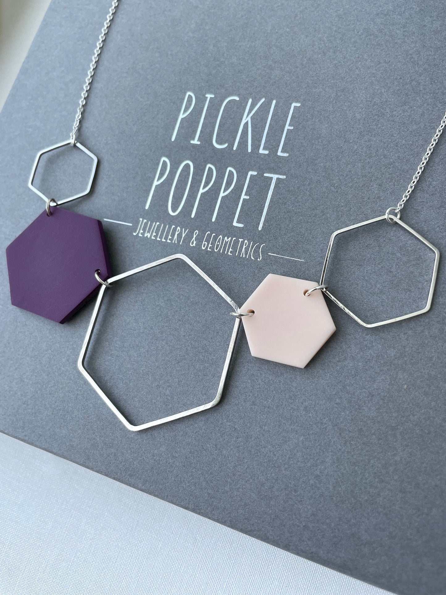 Silver Hexagon Statement Necklace - Purple & Blush Pink