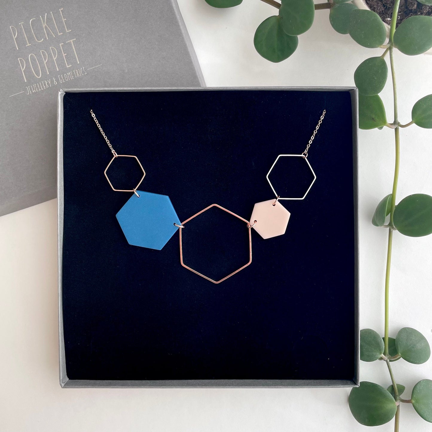 Rose Gold Hexagon Statement Necklace - Denim Blue & Blush