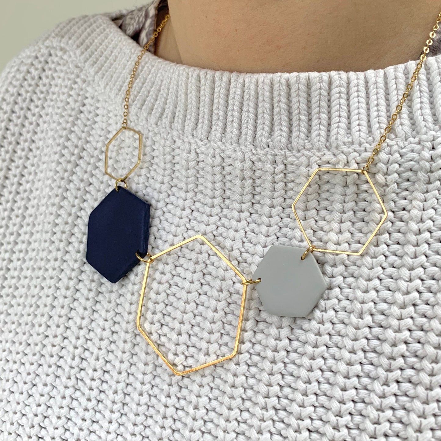 Silver Hexagon Statement Necklace - Teal & Stone