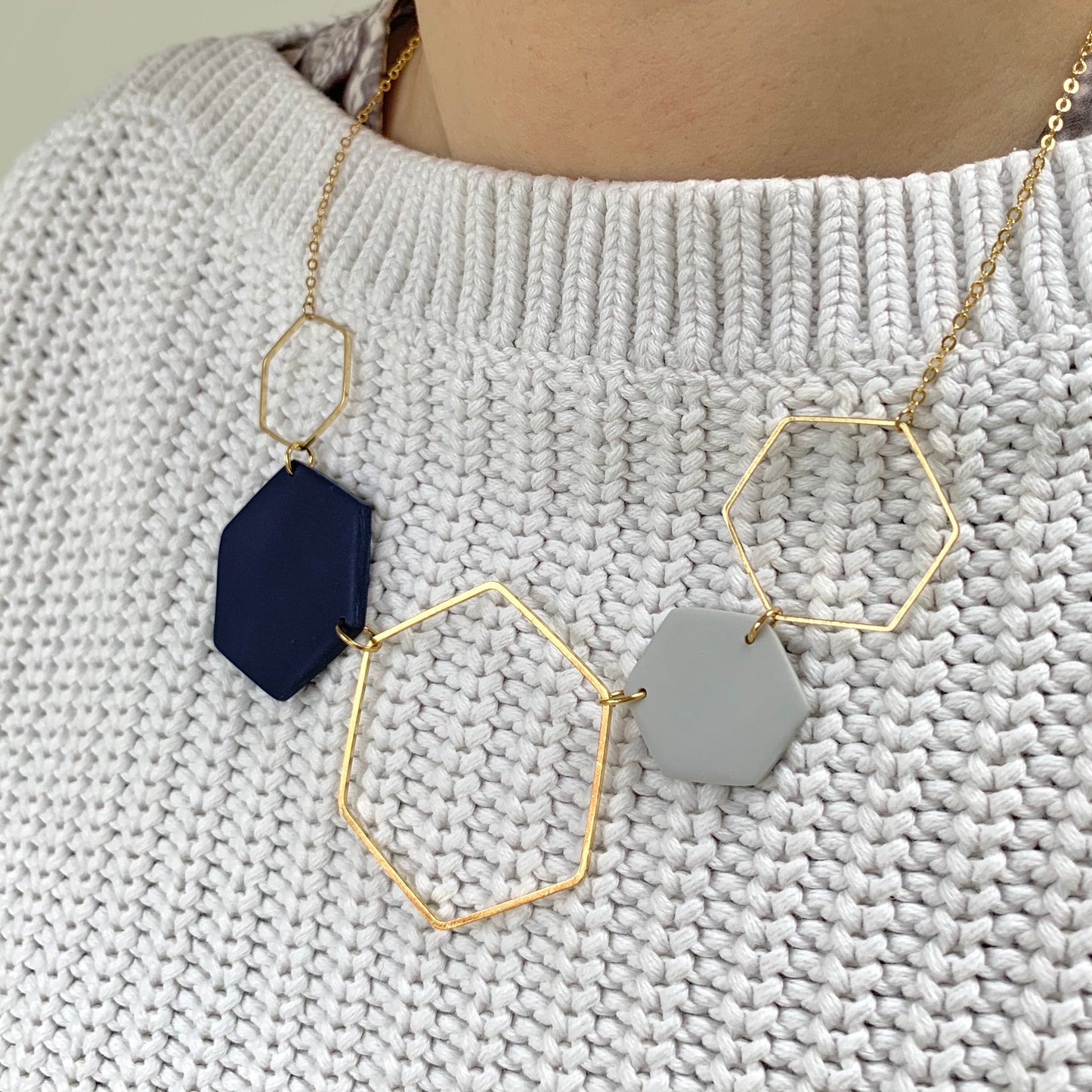 Silver Hexagon Statement Necklace - Purple & Blush Pink