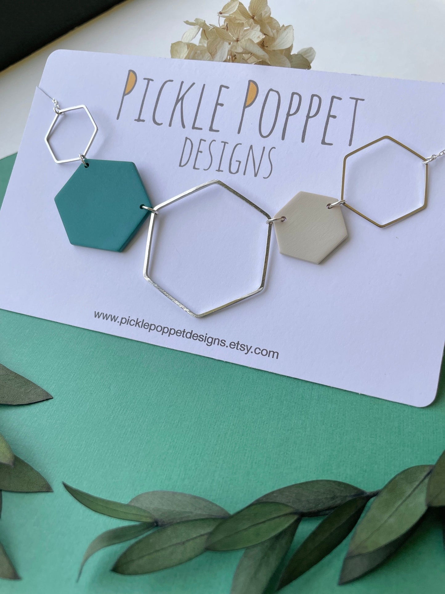 Silver Hexagon Statement Necklace - Teal & Stone