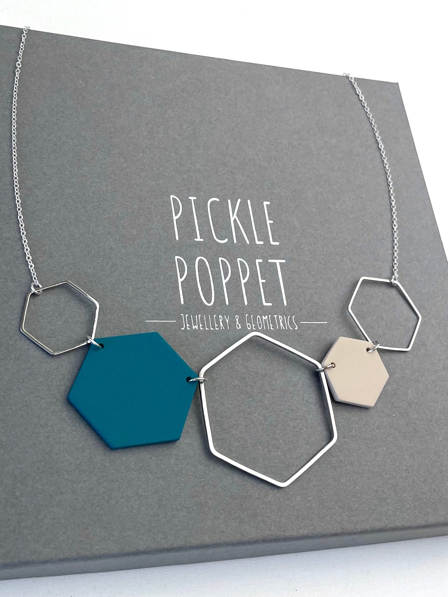 Silver Hexagon Statement Necklace - Teal & Stone