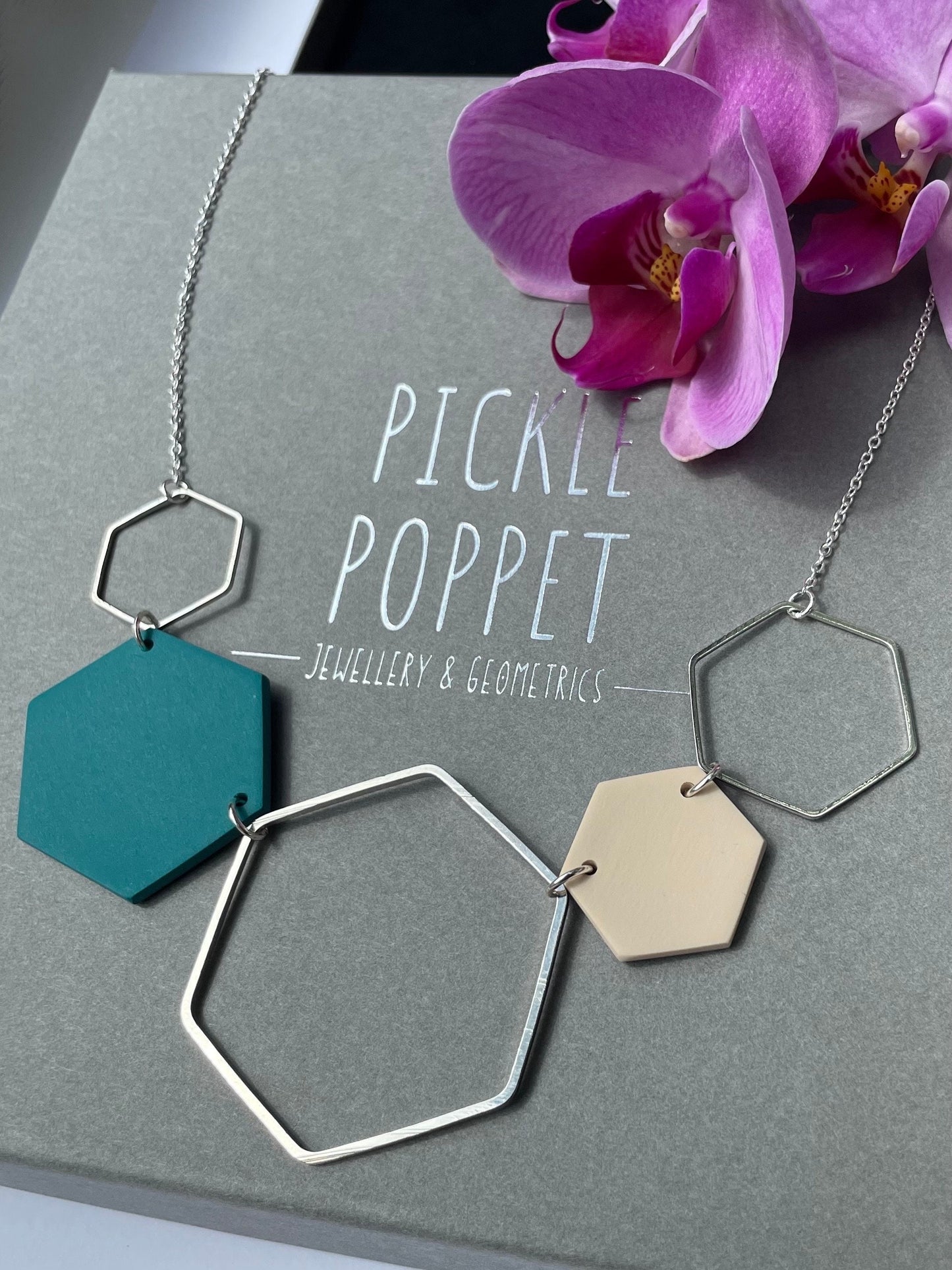 Silver Hexagon Statement Necklace - Teal & Stone
