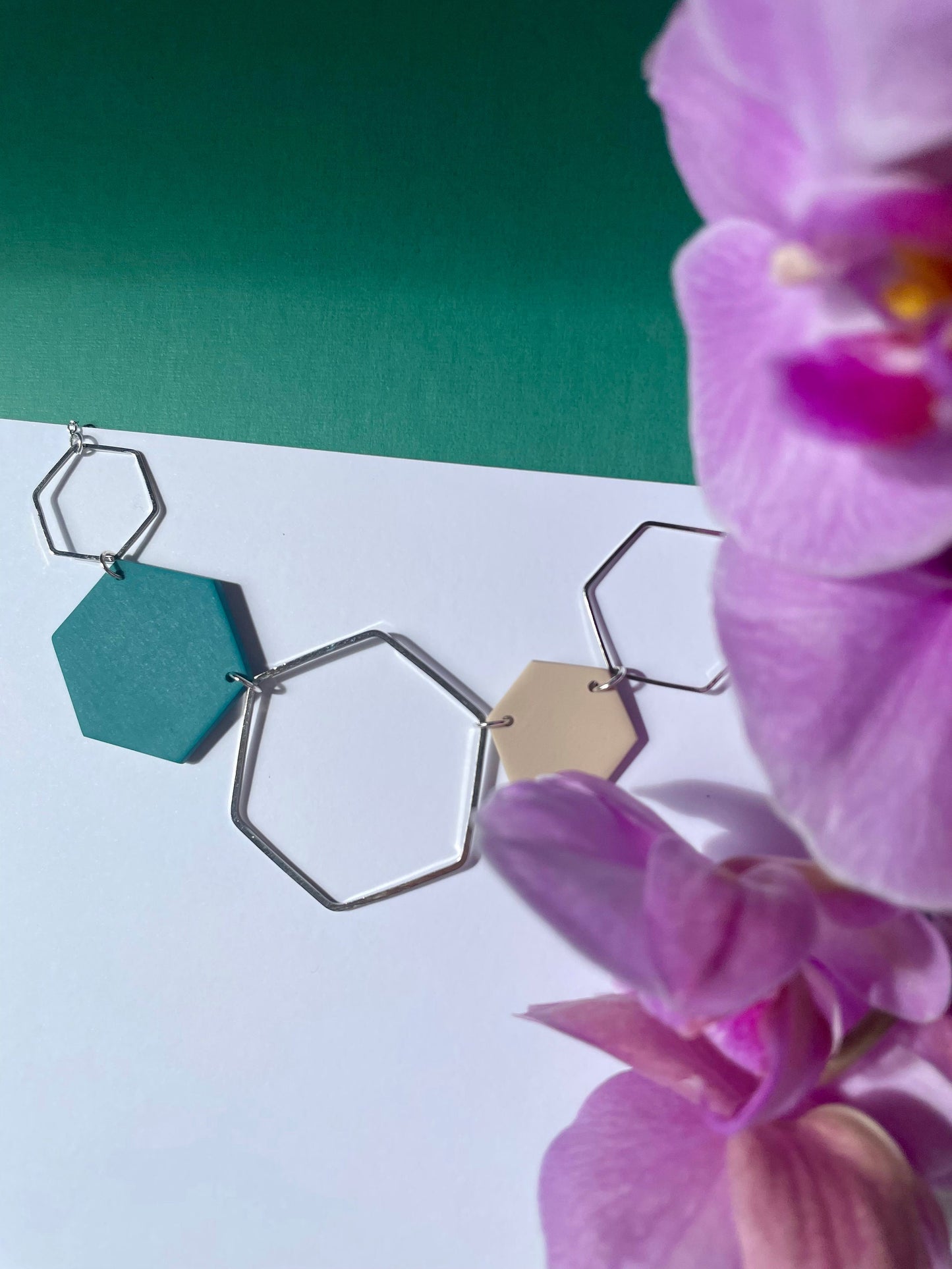 Silver Hexagon Statement Necklace - Teal & Stone