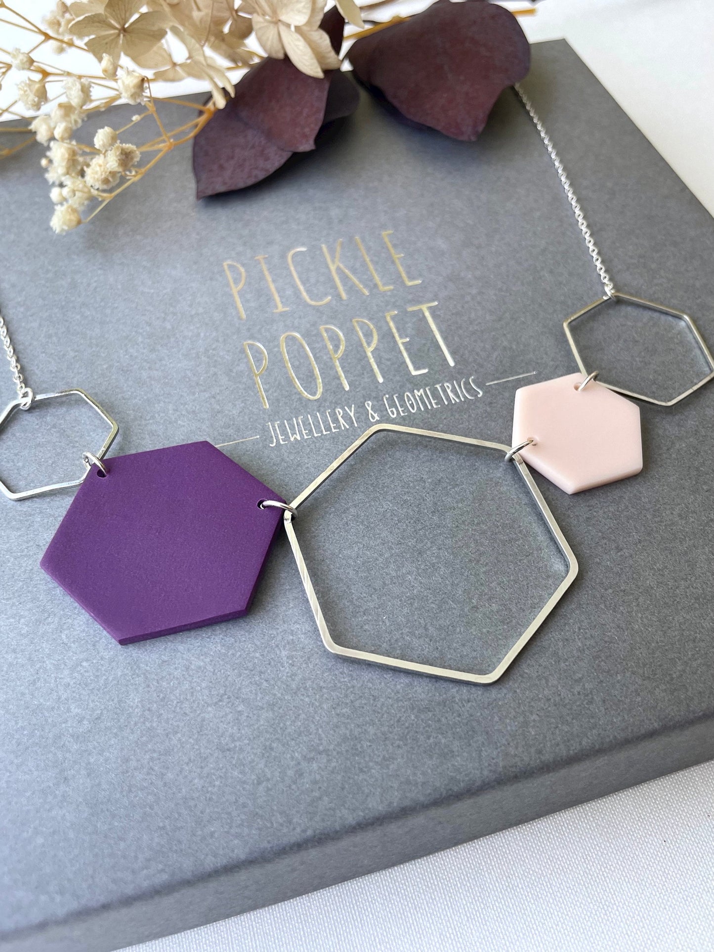 Silver Hexagon Statement Necklace - Purple & Blush Pink
