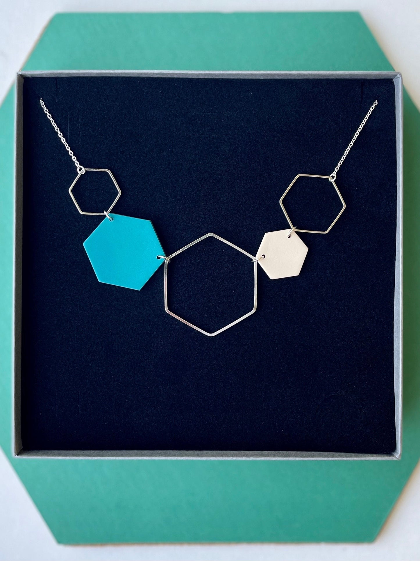 Silver Hexagon Statement Necklace - Teal & Stone