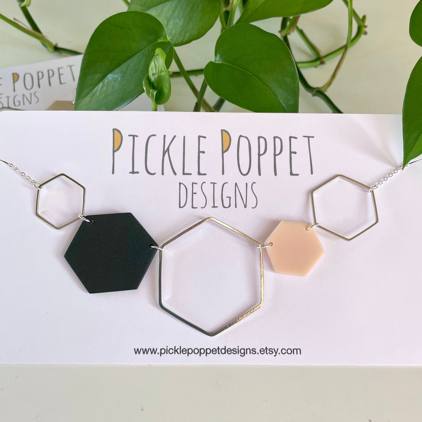 Silver Hexagon Statement Necklace - Pearlescent Black & Blush Pink