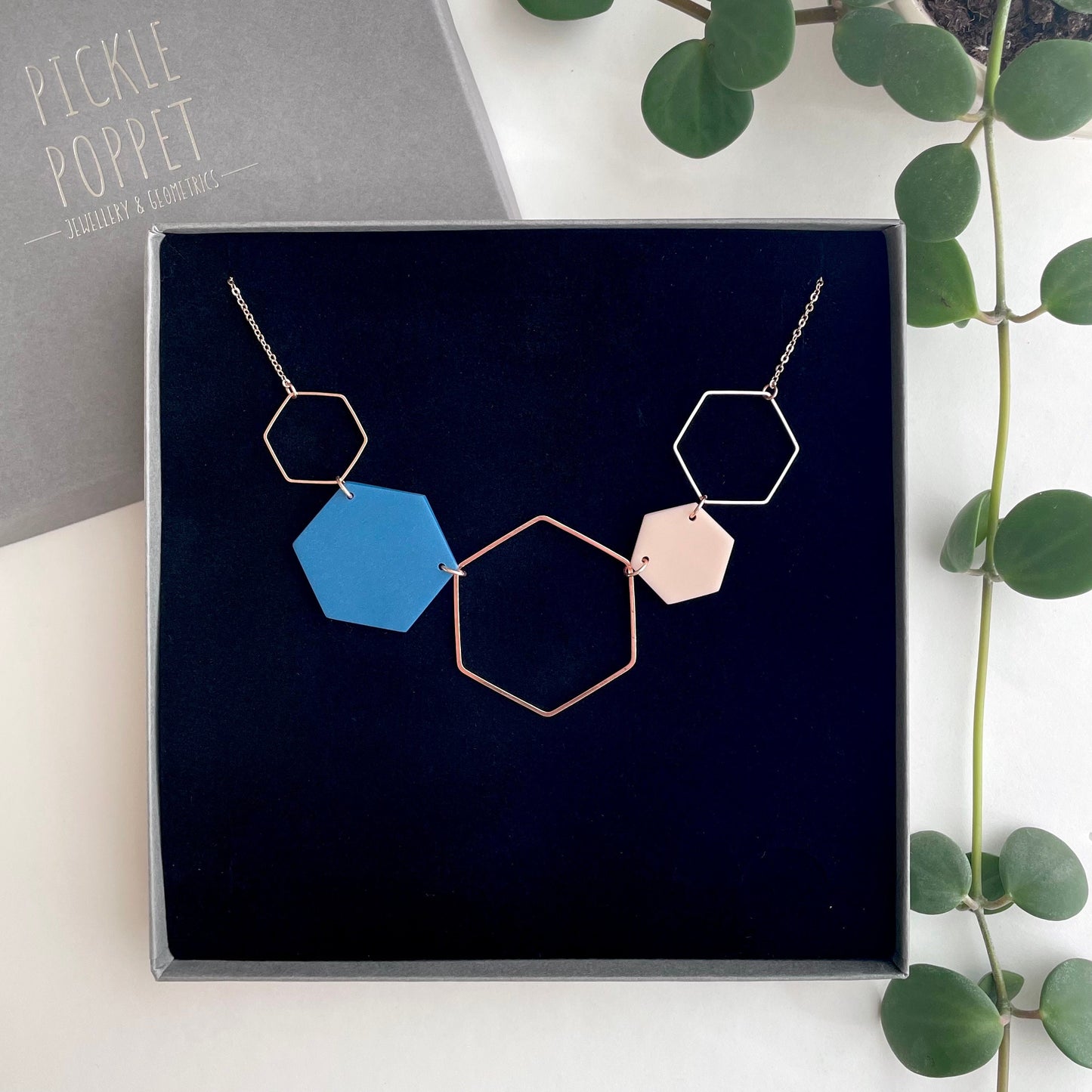 Gold Hexagon Statement Necklace - Navy Blue & Grey