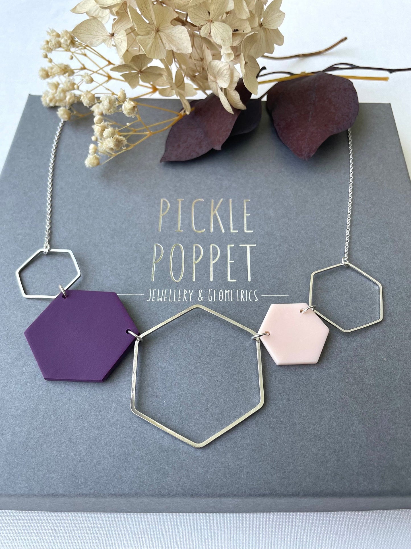 Silver Hexagon Statement Necklace - Purple & Blush Pink