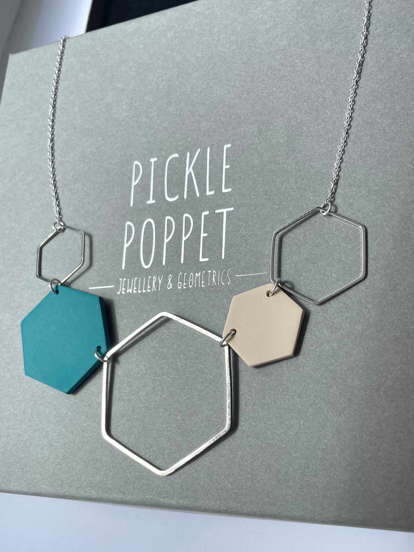 Silver Hexagon Statement Necklace - Teal & Stone
